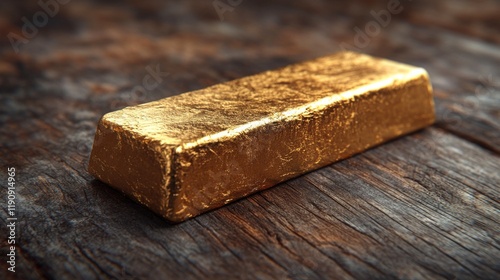 Gold bar resting on a wooden surface showcasing its shine and texture under n...