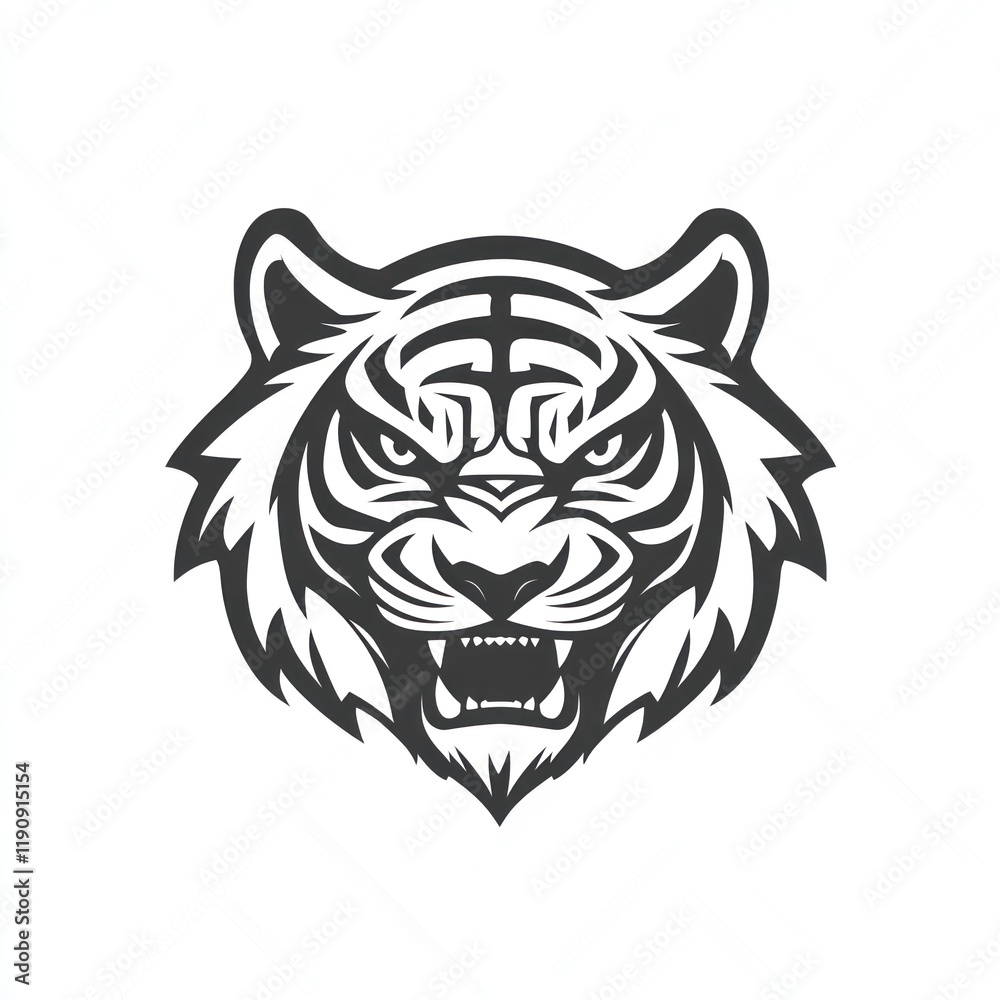Fototapeta premium Roaring tiger head, monochrome vector illustration, white background, mascot design