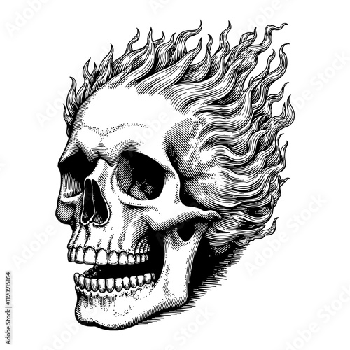 Side View Skull Head with Flame Aura in Detailed Black and White Outline Line Art Drawing