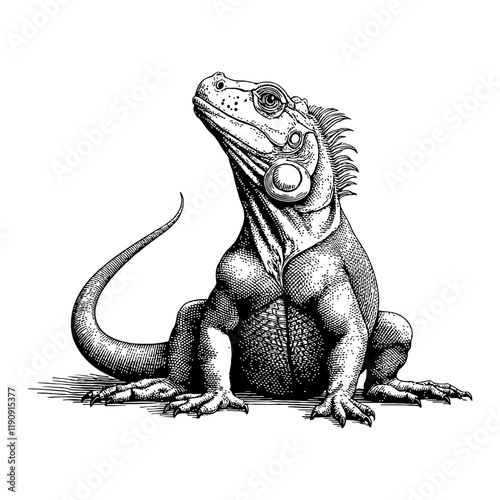 Detailed Iguana Reptile Sitting with Tail Up Black and White Outline Line Art Drawing