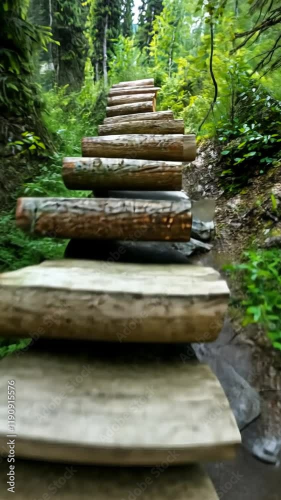 A pathway made of logs leading through a forested area, promoting outdoor exploration. A pathway made of logs leading through a forested area, promoting outdoor exploration.