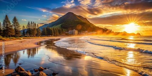 Mount Maunganui Sunrise Panorama: Stunning Bokeh Beach Scene, Tauranga, New Zealand