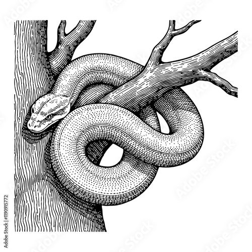 Python on Tree Branch Detailed Black and White Outline Line Art Drawing Engraving Sketch