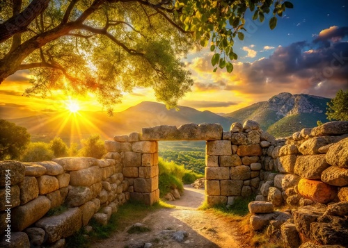 Mycenae Ruins, Greece: Bokeh Photo of Ancient Greek Civilization, Peloponnese Archaeological Site photo