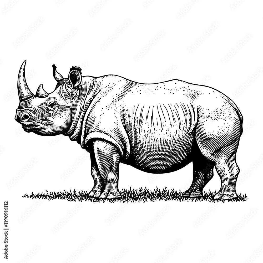 Fototapeta premium Rhinoceros Side View Standing Detailed Black and White Outline Line Art Drawing