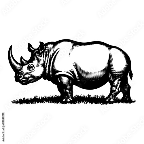 Rhinoceros Standing with Side View in Detailed Black and White Outline Line Art Drawing