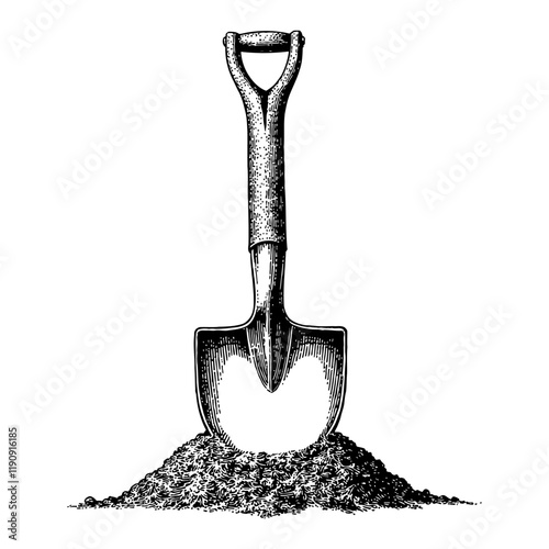 Shovel with Pile of Dirt Black and White Outline Line Art Drawing Isolated on White Background