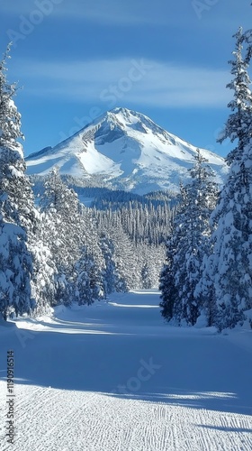 Snow-covered landscape with a majestic mountain under a clear blue sky in winter