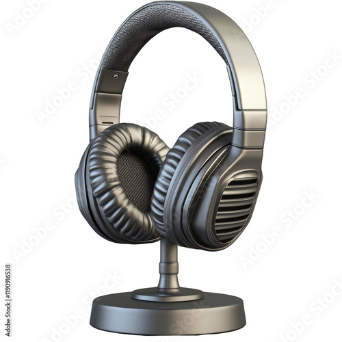 A pair of sleek silver headphones rests on a matching stand against a black background, showcasing its design. photo