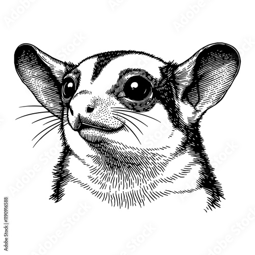 Sugar Glider Head Detailed Portrait Black and White Outline Line Art Drawing Engraving Style