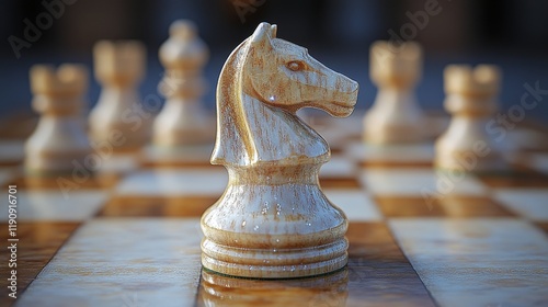 Elegant glass chess knight piece on a checkered board with blurred bokeh back...