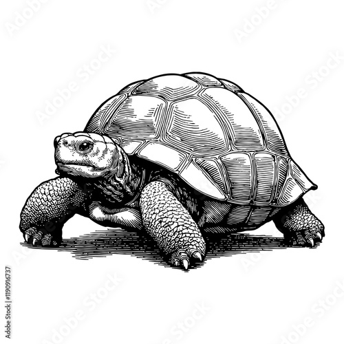 Tortoise Full Body in Black and White Detailed Outline Line Art Drawing Isolated on White Background