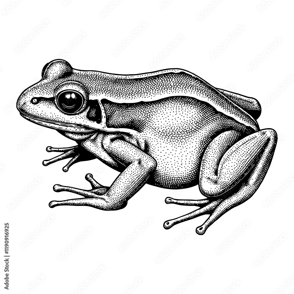 Detailed Tree Frog Side View Black and White Outline Line Art Drawing of Amphibian Animal