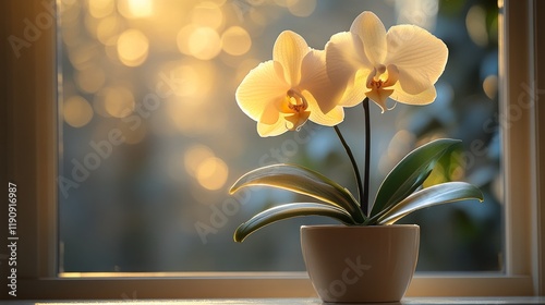 Elegant white orchid in a modern pot against a beautiful sunset backdrop