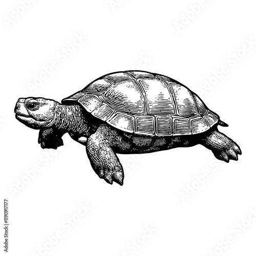 Turtle with Detailed Shell in Black and White Outline Line Art Drawing Detailed Engraving Style