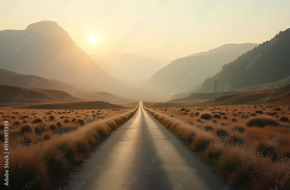 A tranquil road through highlands at dawn with dew-covered grasses. Generative AI A tranquil road through highlands at dawn with dew-covered grasses. Generative AI
