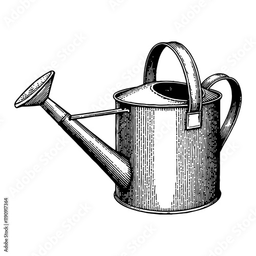 Watering Can in Detailed Black and White Outline Line Art Drawing with Engraved Detail