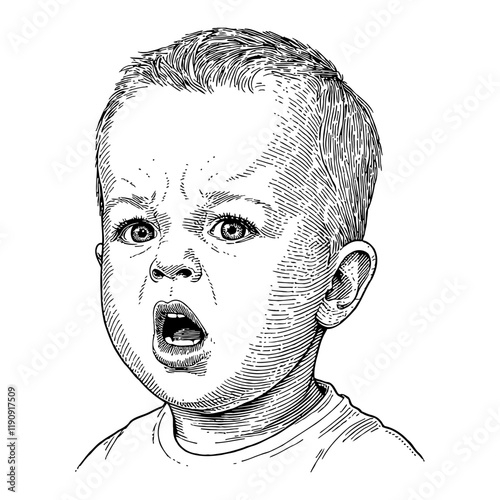 A Baby Boy Looking Angry and Confused in Detailed Black and White Outline Line Art Drawing