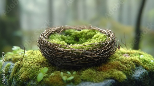 Nest with three brown eggs resting on green moss in a natural setting