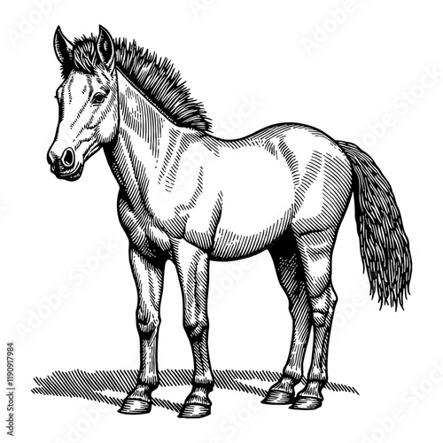 Foal Standing in Detailed Black and White Outline Line Art Drawing with Engraving Style