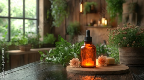 Amber glass bottle with dropper on marble counter in a spa or wellness center...