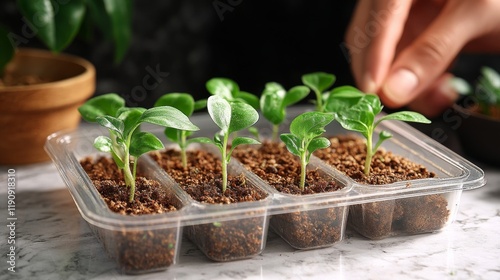 Growing plant in a clear container on a wooden surface with natural light
