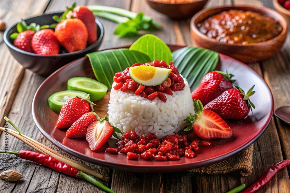 Nasi Lemak with Fresh Strawberry & Spicy Strawberry Chili Gravy - Delicious Malaysian Fusion Food Nasi Lemak with Fresh Strawberry & Spicy Strawberry Chili Gravy - Delicious Malaysian Fusion Food