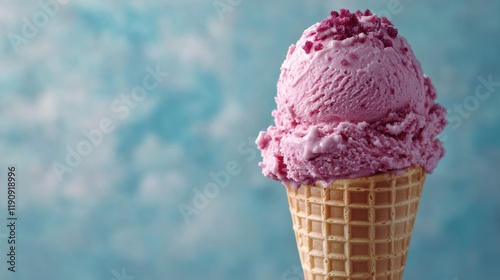 Delicious ice cream cone with whipped cream and chocolate toppings surrounded...