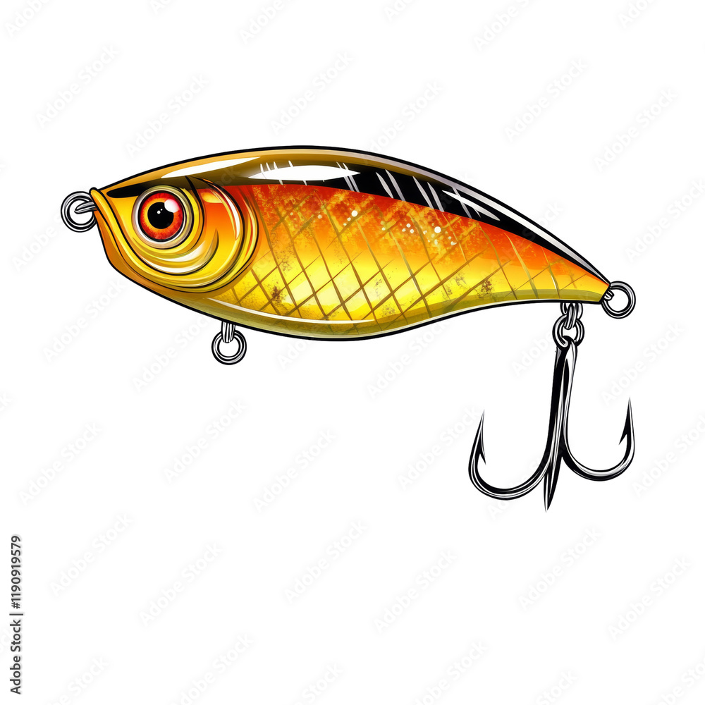 A detailed illustration of a vibrant orange and yellow fishing lure with treble hooks. A detailed illustration of a vibrant orange and yellow fishing lure with treble hooks.