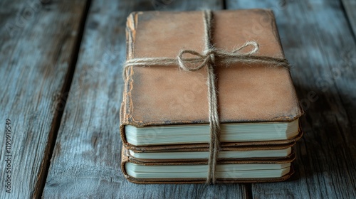 Vintage leather-bound notebooks stacked on a rustic wooden table with twine t...