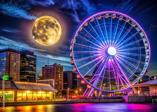 Neon Cityscape, Giant Ferris Wheel, Full Moon - Night Photography