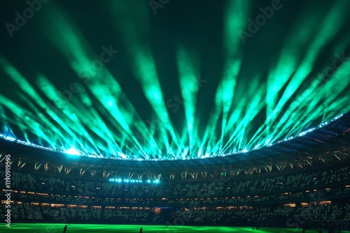 Spectacular green lighting illuminates stadium during an event at night