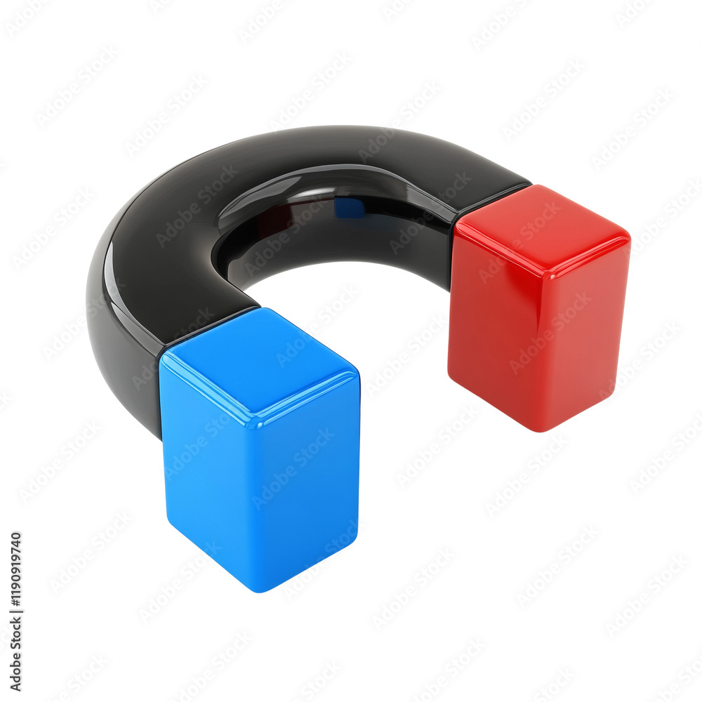 A 3D rendered image of a horseshoe magnet with blue and red colored cubic poles against a black background. A 3D rendered image of a horseshoe magnet with blue and red colored cubic poles against a black background.