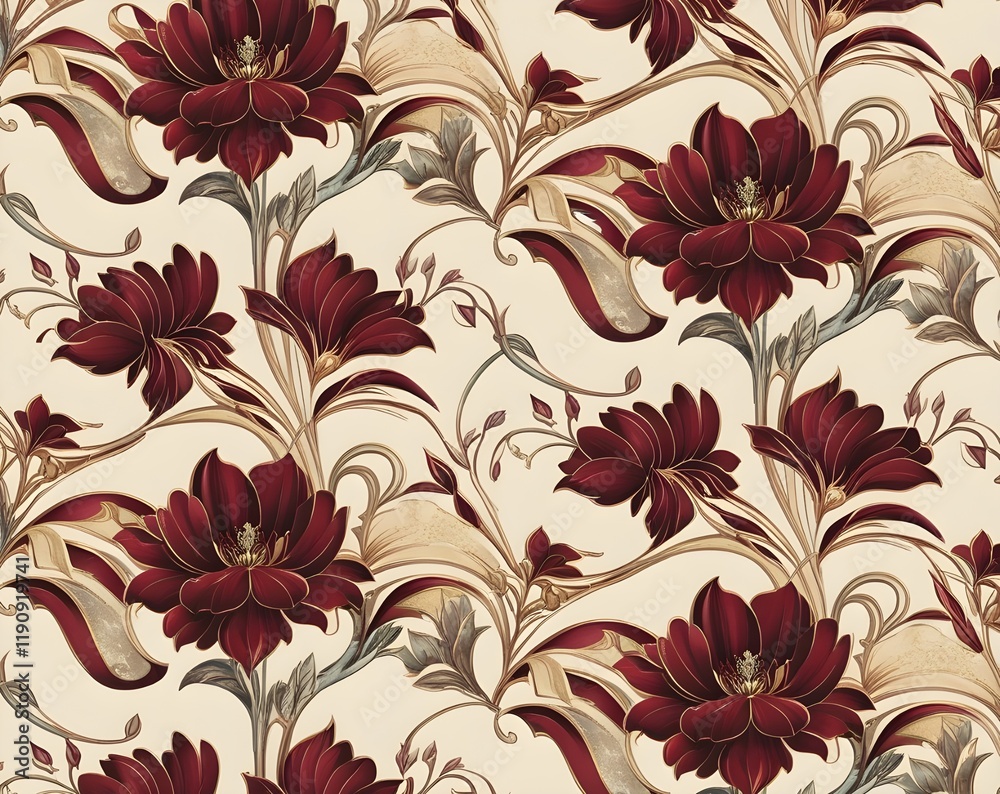 Decorative Regal Floral Pattern for Wallpapers and Textiles Elegant Burgundy and Golden Design Decorative Regal Floral Pattern for Wallpapers and Textiles Elegant Burgundy and Golden Design