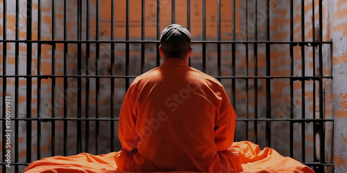 Inmate sitting on bed in a prison cell during the evening