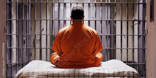 Man in orange jumpsuit sits on bed in prison cell