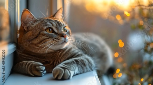 Cat relaxes in warm sunlight streaming through a window during golden hour in...