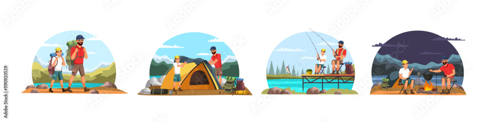 Obraz premium Family travelling, active vacation and hiking set. Father and son with backpacks go to mountains, fishing, camping, cooking in camp bowler at stake and spend time together. Flat vector illustrations.