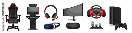 Professional game equipment accessory set. Headset with mic, gaming chair, television, computer monitor, console controller, steering wheel, joystick, virtual reality glasses, system unit, pedal kit.