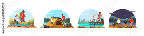 Family travelling, active vacation and hiking set. Father and son with backpacks go to mountains, fishing, camping, cooking in camp bowler at stake and spend time together. Flat vector illustrations.
