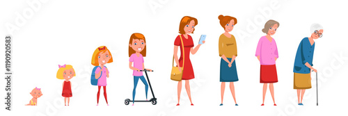 Woman life cycle, stages flat vector illustration. Cartoon female characters. Person growth process, phases. Infancy, childhood, maturity and senility. Baby, teenager, adult and senior.