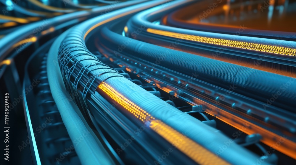 Futuristic technology with vibrant blue and orange illuminated cables, highlighting advanced innovation in high-speed data transmission systems. Futuristic technology with vibrant blue and orange illuminated cables, highlighting advanced innovation in high-speed data transmission systems.