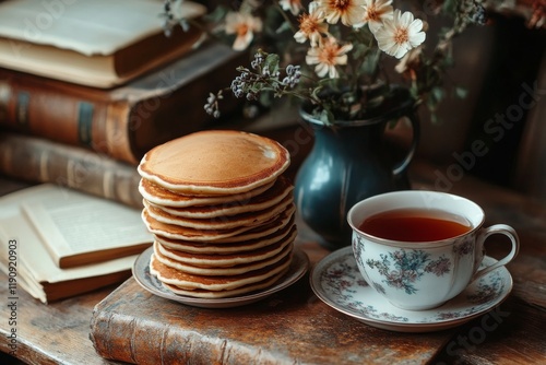 Fluffy pancakes served with a warm cup of tea in a cozy morning setting