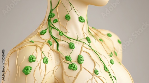 Diagram of the human lymphatic system, showcasing the intricate network of vessels and nodes responsible for immune response and fluid balance in the body. Essential for understanding health and disea photo