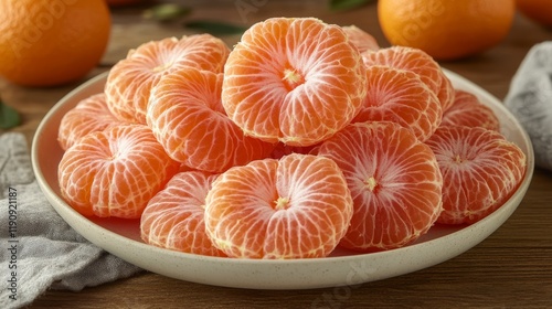 Freshly sliced oranges stacked on a plate with whole oranges nearby