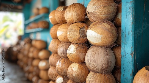 Fresh coconuts stacked on display at local market in tropical region during s...