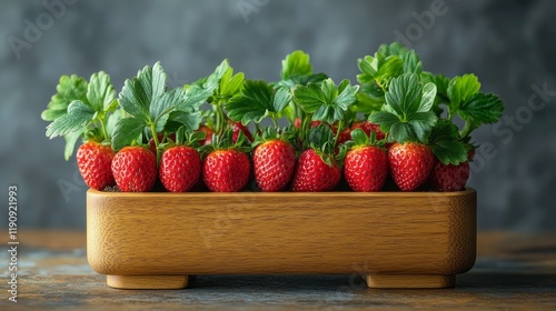 Fresh strawberries arranged in a wooden box on a rustic table with greenery i...