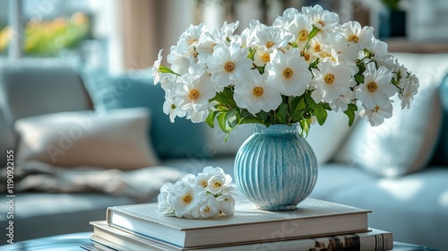 Fresh flowers in a vase on stack of books beside a sunny window in a cozy room