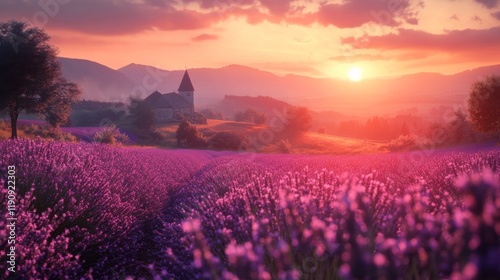Lavender fields bloom under golden sunset light in serene countryside landscape