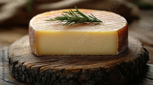 Delicious cheese round with creamy texture and rosemary garnish on wooden board
